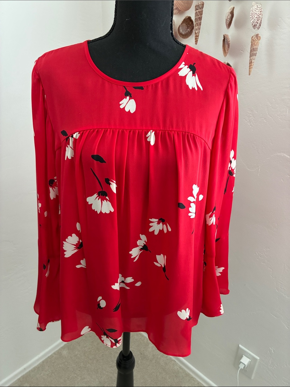 Joie Red Floral Long-Sleeve Tunic Blouse